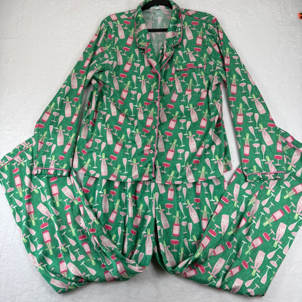 Mary Square Large‎ Pajama Set Green Pink Champagne Bottle Print Long Sleeve